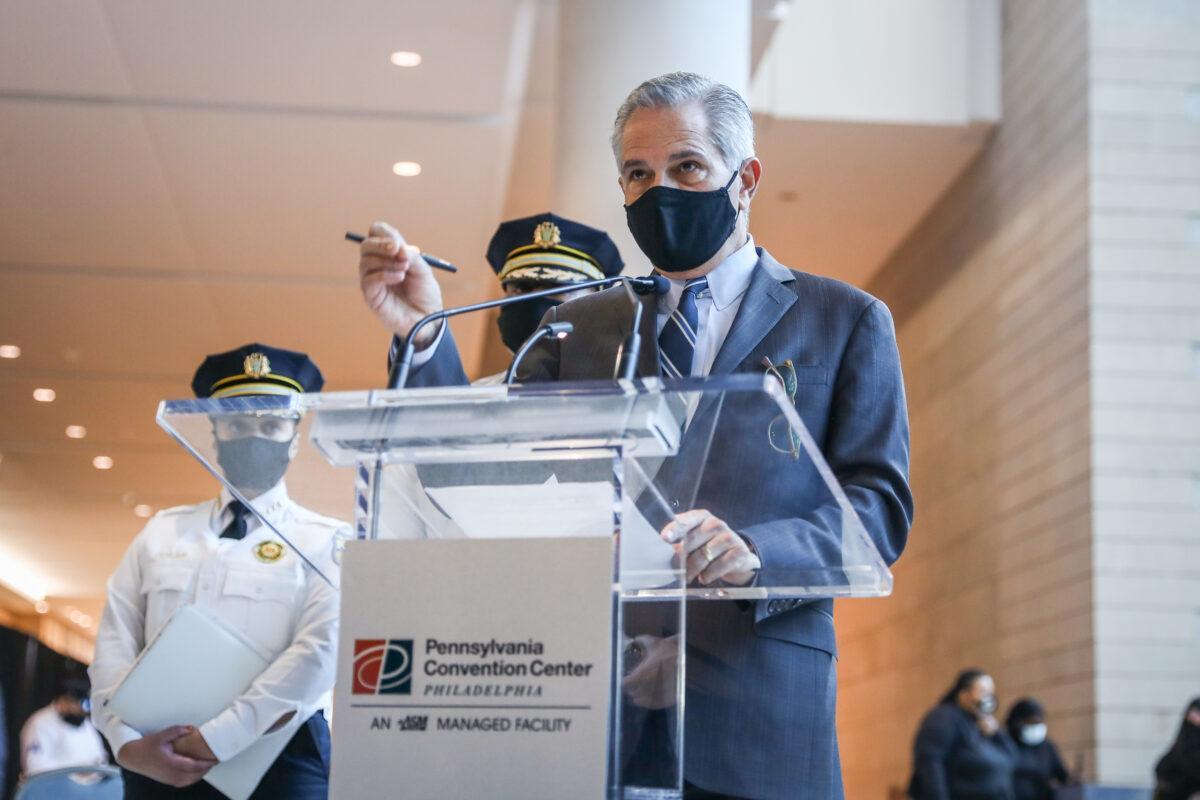 Philadelphia District Attorney Lawrence Krasner during a press conference at the Pennsylvania Convention Center in Philadelphia on Nov. 6, 2020. (Charlotte Cuthbertson/The Epoch Times)