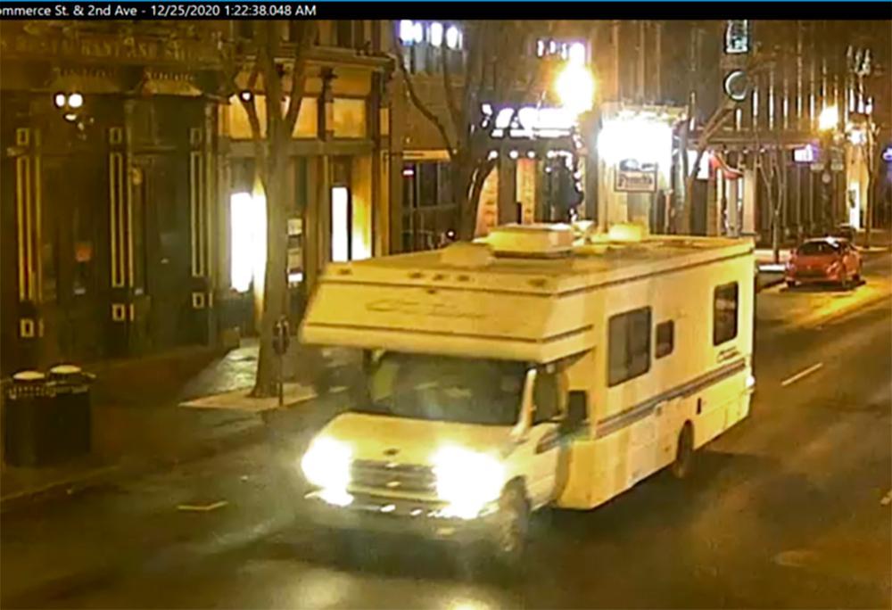 This image taken from a surveillance video provided by Metro Nashville PD shows a recreational vehicle that was involved in a blast in Nashville, Tenn. on Dec. 25, 2020. (Metro Nashville Police Department)