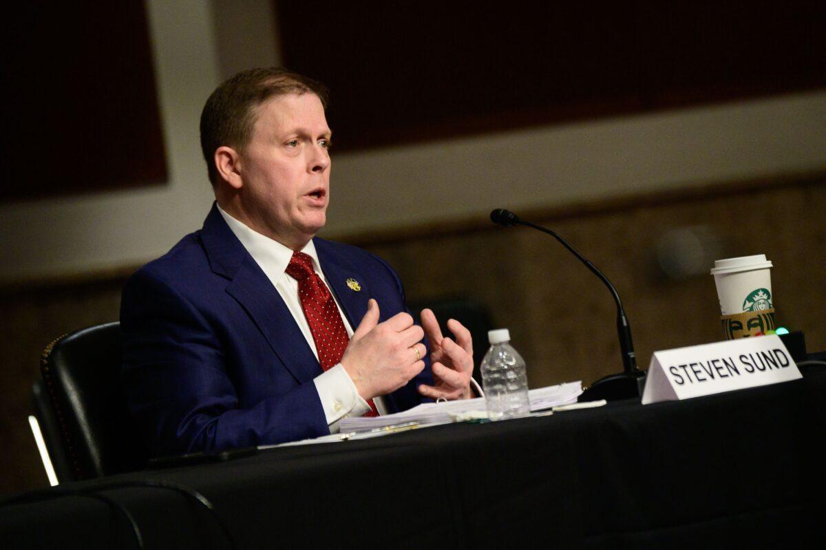 Former U.S. Capitol Police Chief Steven Sund testifies in a Senate Homeland Security and Governmental Affairs and Senate Rules and Administration committees joint hearing on Capitol Hill, Washington on Feb. 23, 2021. (Erin Scott/Pool/AFP via Getty Images)