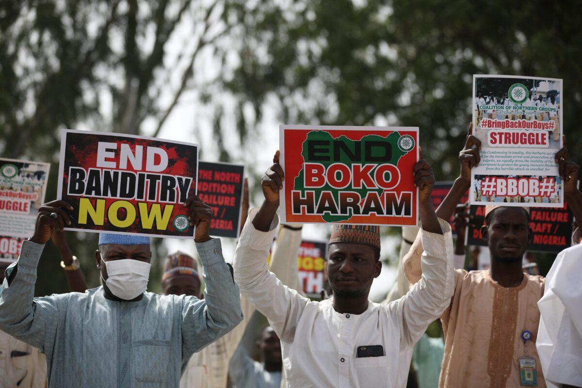 Supporters of the "Coalition of Northern Groups" rally to urge authorities to rescue hundreds of abducted schoolboys, in the northwestern state of Katsina, Nigeria, on Dec. 17, 2020. (Kola Sulaimon/AFP via Getty Images)