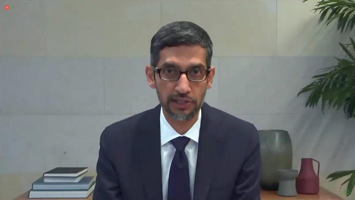 Google CEO Sundar Pichai testifies during a remote video hearing held by subcommittees of the U.S. House of Representatives Energy and Commerce Committee on "Social Media's Role in Promoting Extremism and Misinformation" in Washington on March 25, 2021. (U.S. House of Representatives Energy and Commerce Committee/Handout via Reuters)