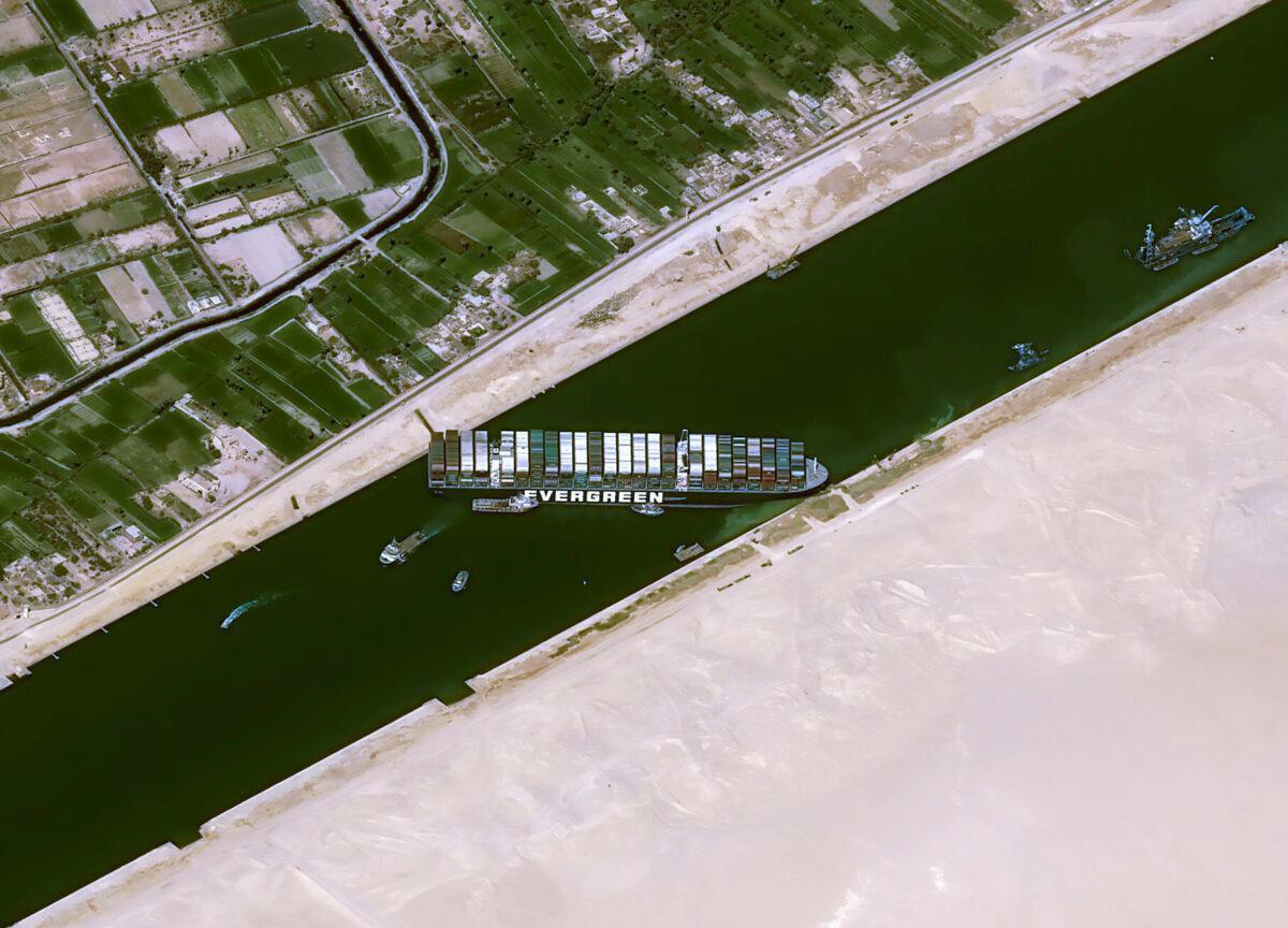 A satellite image shows the cargo ship MV Ever Given stuck in the Suez Canal near Suez, Egypt, on March 25, 2021. (Cnes2021, Distribution Airbus DS via AP)