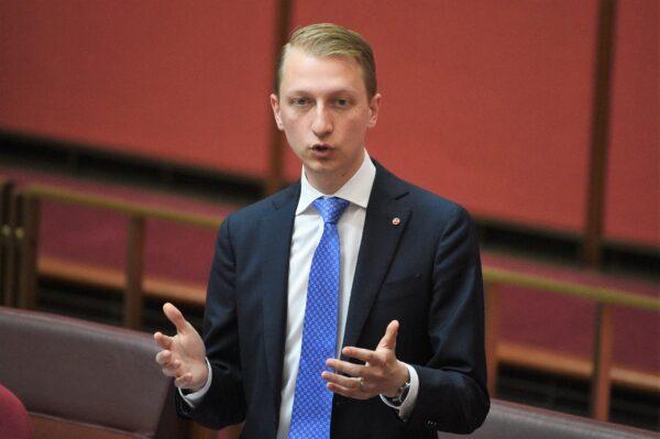 The mover came after the Shadow Minister for Cyber Security and Foreign Interference, Senator James Paterson, released the findings of his six-month audit into CCP spyware. James Paterson in the Senate at Parliament House in Canberra, Australia, on Nov. 21, 2016. (AAP Image/Mick Tsikas)