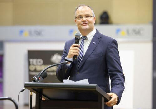 Federal Liberal Member for Fairfax Ted O'Brien speaks onstage during the Australian 2020 Tokyo Olympic and Paralympic Celebration at the University of Sunshine Coast, in Queensland, Australia, on Oct. 7, 2021. (Peter Wallis/Getty Images for the AOC)