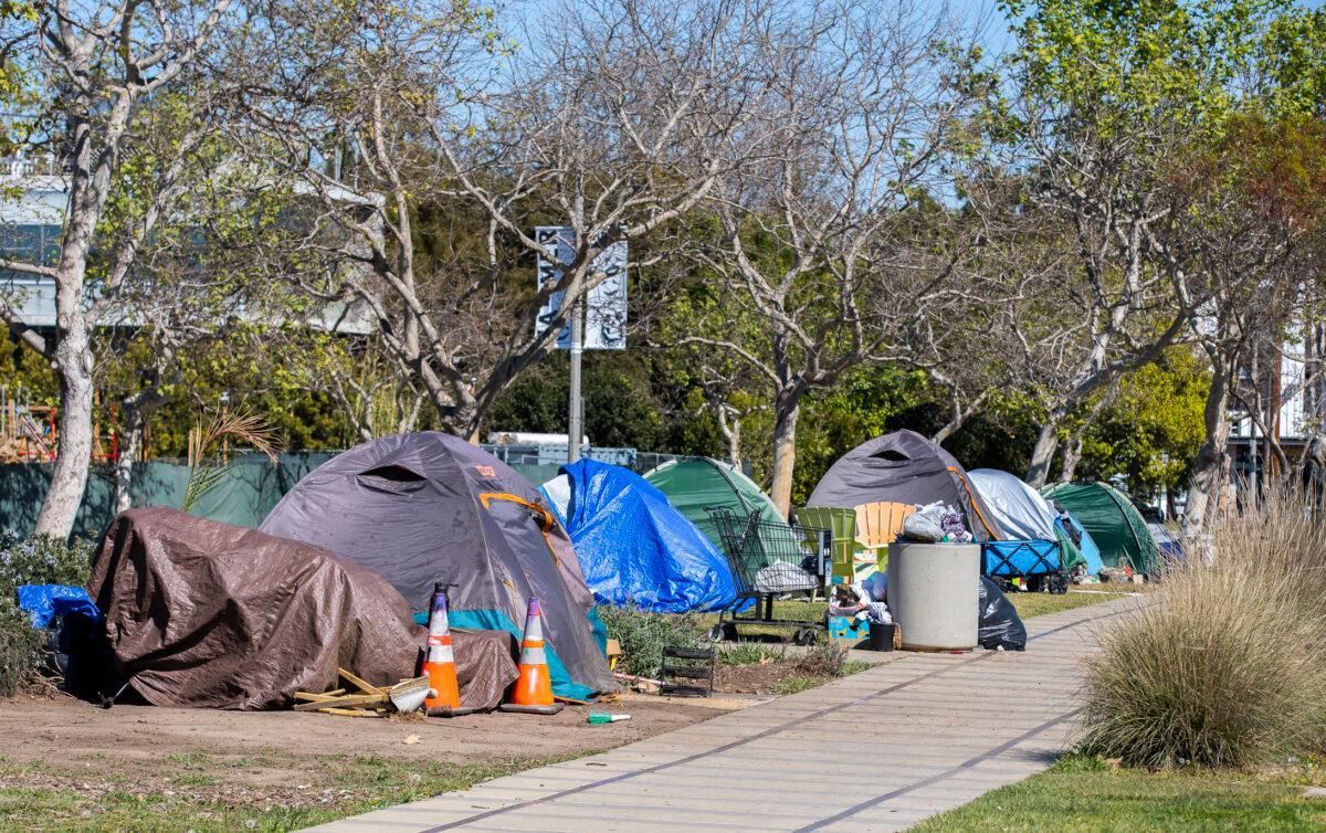 Homeless tents sit on the park lawn in front of the Abbot Kinney Memorial Branch Library in Venice, Calif., on Feb. 18, 2022. (John Fredricks/The Epoch Times)