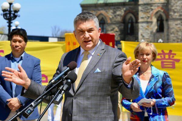 Conservative MP James Bezan speaks at a rally at Parliament Hill celebrating the 30th anniversary of the introduction of the spiritual practice Falun Gong, in Ottawa on May 10, 2022. (Jonathan Ren/The Epoch Times)