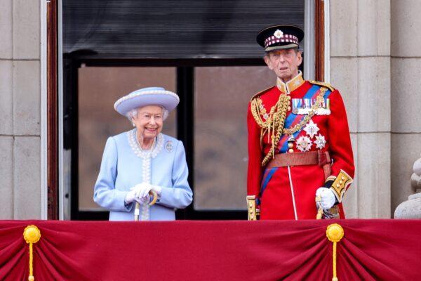 Queen Elizabeth II stands with Prince Edward, Duke of Kent, on the balcony of Buckingham Palace as the troops march past during the Queen's Birthday Parade, the Trooping the Colour, as part of Queen Elizabeth II's platinum jubilee celebrations, in London, on June 2, 2022. (Chris Jackson /pool/AFP via Getty Images)