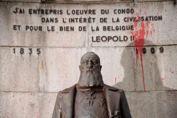A statue of King Leopold II seen on a crossroad in Arlon, Belgium, on July 15, 2020. The inscription reads "I undertook the work of the Congo in the interest of civilization and for the good of Belgium." (Jean-Christophe Guillaume/Getty Images)