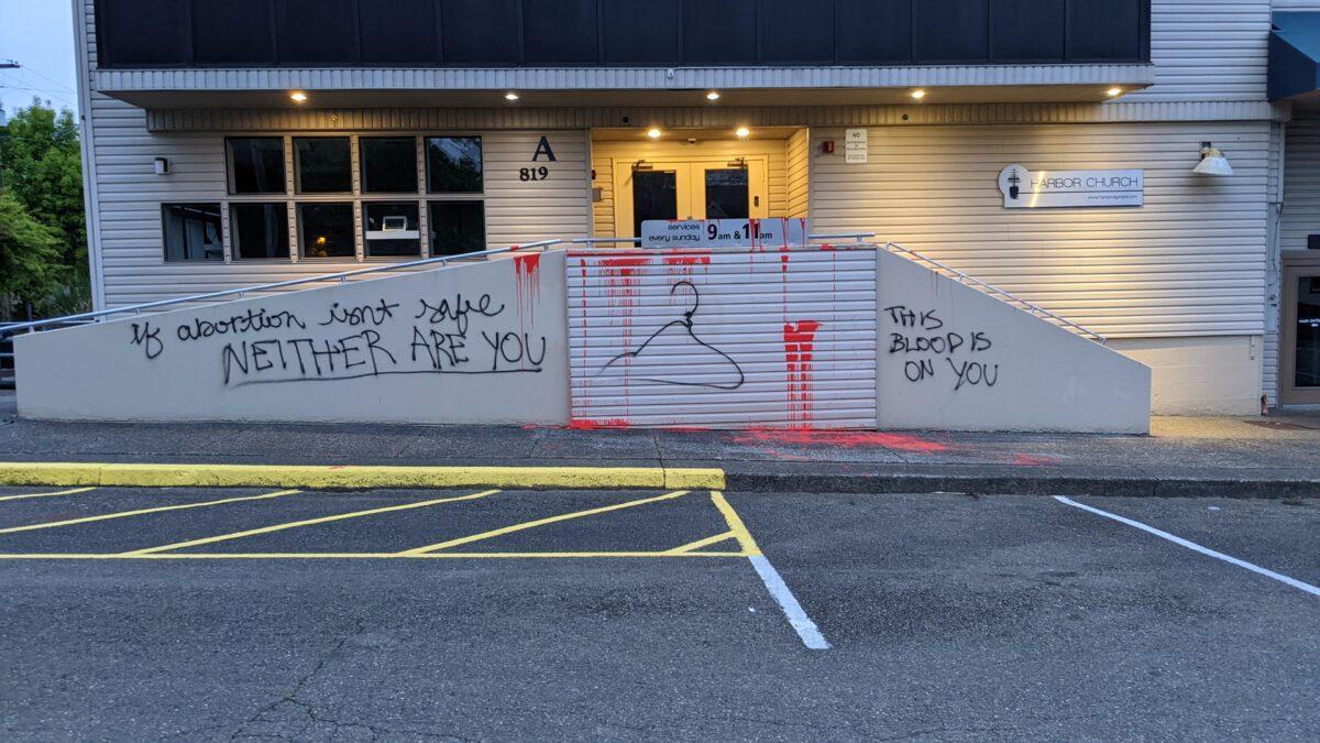 The group Jane's Revenge, which fights against any restriction to abortion access, was blamed for graffiti at Harbor Church in Olympia, Washington on May 22, 2022. (Courtesy of Harbor Church)