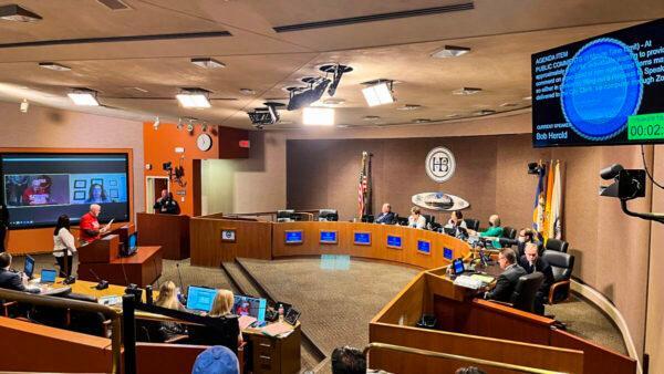 The Huntington Beach City Council in Huntington Beach, Calif., on June 21, 2022. (Julianne Foster/The Epoch Times)