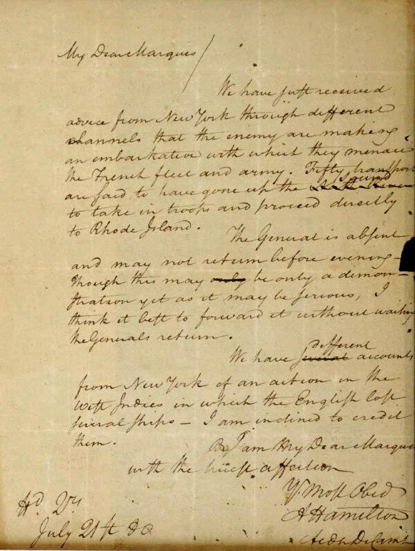 A 1780 letter from Alexander Hamilton to the Marquis de Lafayette, that was stolen from the Massachusetts Archives decades ago, in an image filed in federal court as part of a forfeiture complaint by the U.S. attorney's office in Boston on May 15, 2019. (U.S. Attorney's Office via AP)