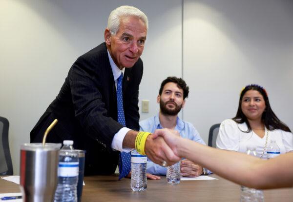 Democratic gubernatorial candidate Rep. Charlie Crist (D-Fla.) attends a round table discussion with Venezuelan immigrants on July 6, 2022 in Miami. (Joe Raedle/Getty Images)