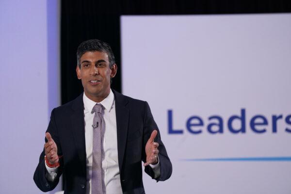 Rishi Sunak speaks during a Conservative Party leadership election hustings event in Norwich, England, on Aug. 25, 2022. (Joe Giddens/PA Media)