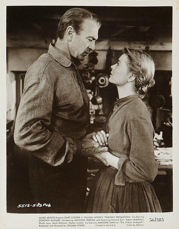 Gary Cooper as Jess Birdwell and Dorothy McGuire as his wife, Eliza, in "Friendly Persuasion" about a Quaker family during the Civil War. (MovieStillsDB)