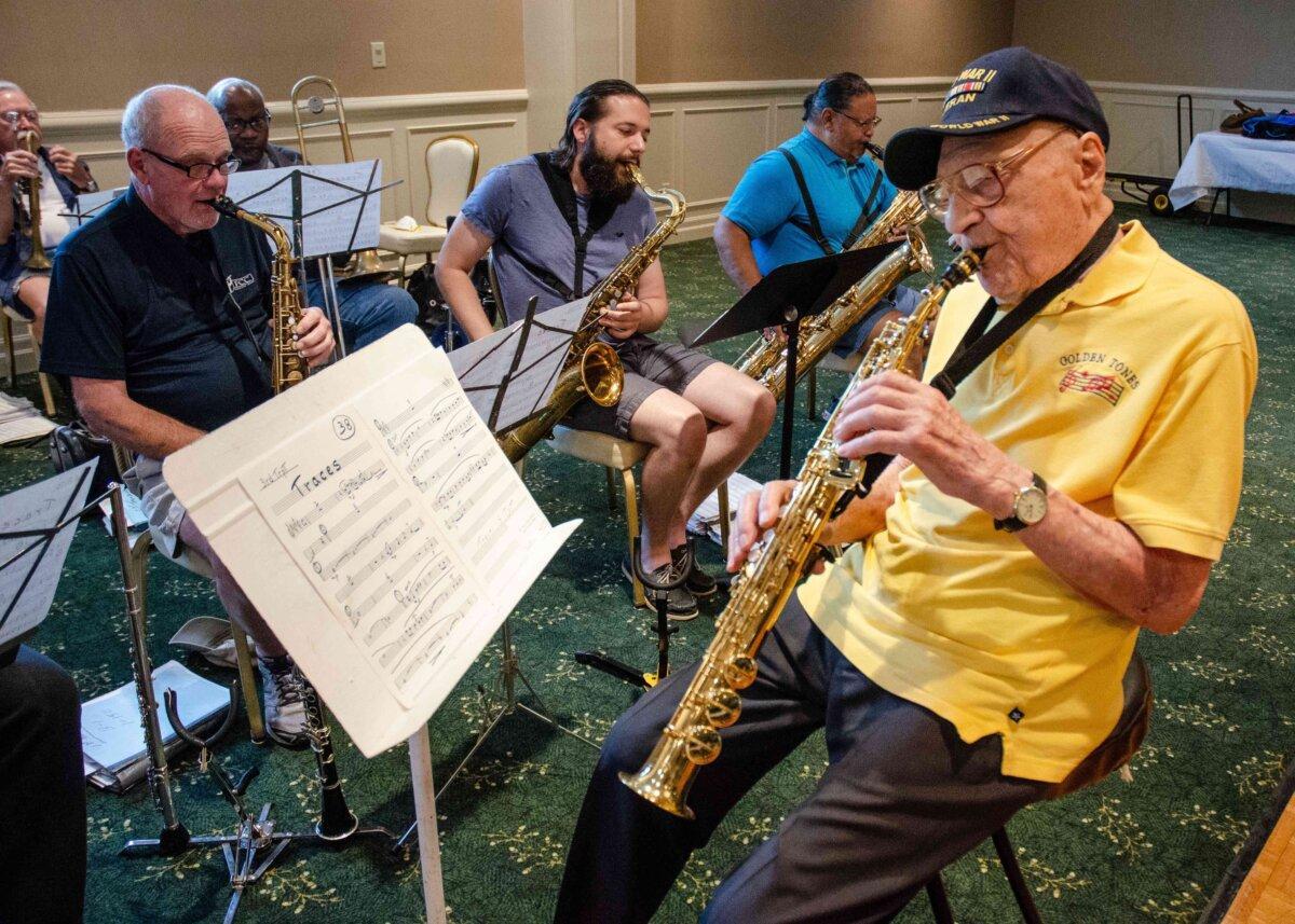Hundred-and-one-year-old Critelli plays the saxophone every week with a jazz band on Long Island. (Dave Paone)