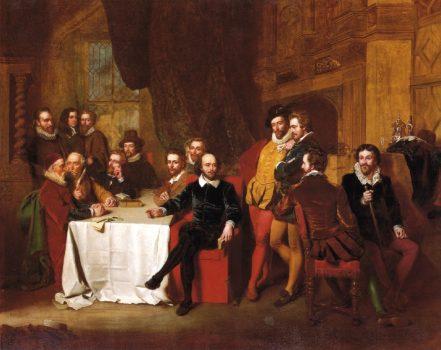 "Shakespeare and His Friends at the Mermaid Tavern," 1851, by John Faed. A fanciful 19th-century depiction of Shakespeare and his contemporaries. (Public Domain)