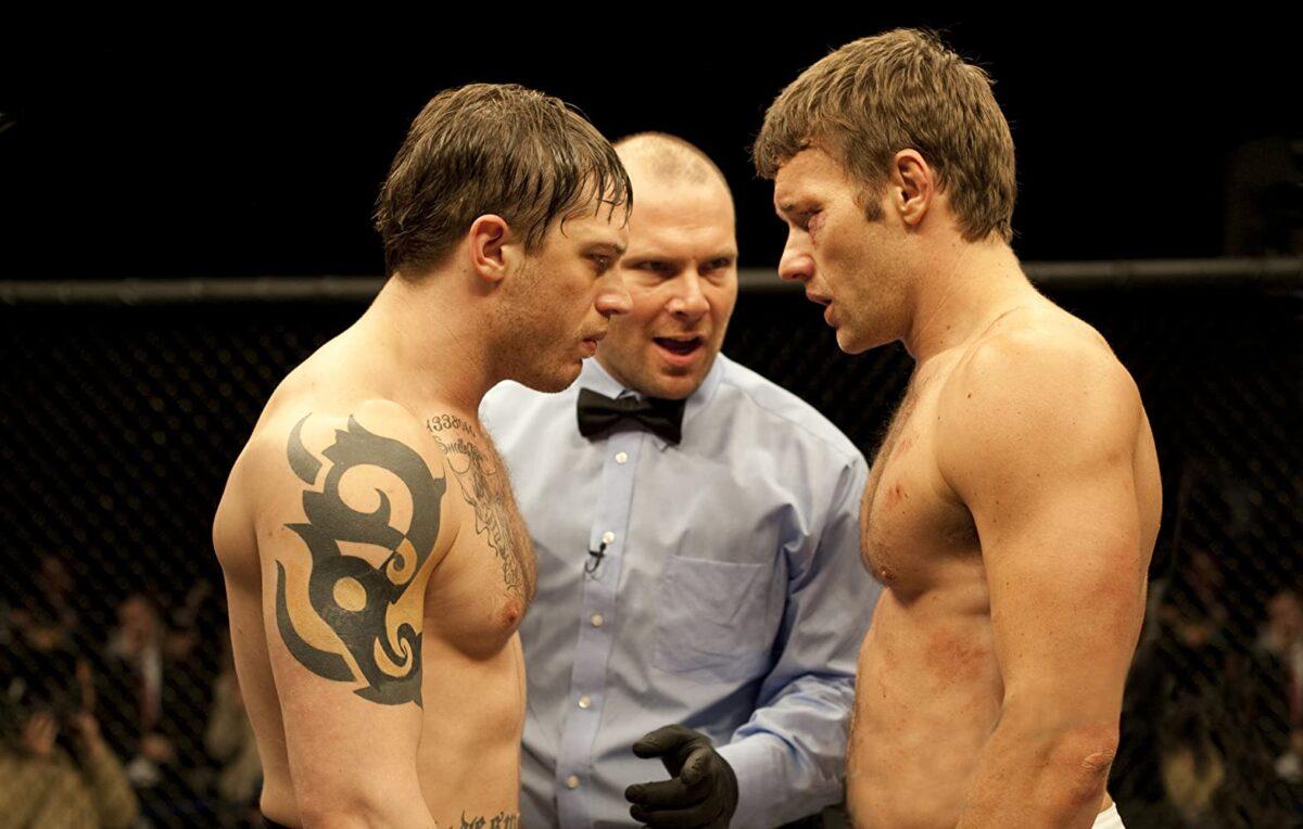 (L–R) Tom Hardy, Anthony Tambakis, and Joel Edgerton in "Warrior." (Chuck Zlotnick/Lionsgate)
