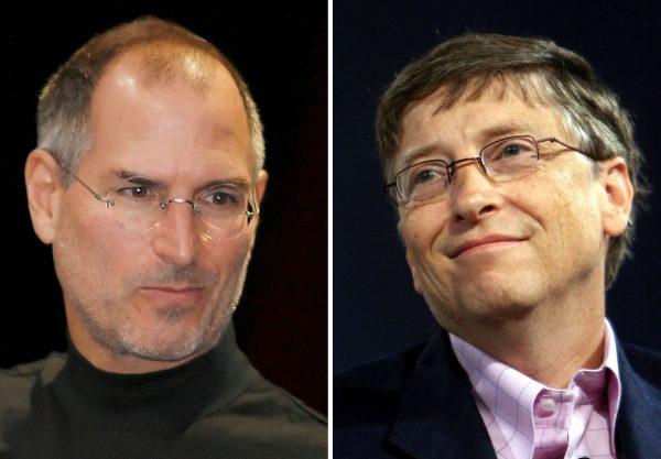 This combo shows file photos of deceased Apple chief executive Steve Jobs (L), in 2007, Microsoft's former head Bill Gates (R) during the opening keynote at the RSA conference at San Francisco's Moscone Center on Feb. 6, 2007. (Tony Avelar/AFP/Getty Images)