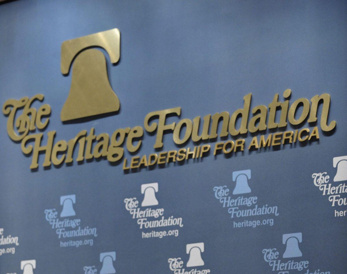 The Heritage Foundation logo at a discussion in Washington in a file photo. (Mandel Ngan/AFP/Getty Images)