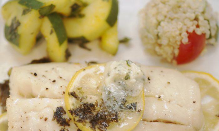Steamed Fish in Parchment Paper with Garlic Mint Butter 