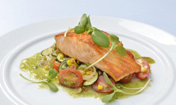 Top Chef Recipe: Grilled Atlantic Salmon With Roasted Corn, Zucchini and Tomatoes, Tomatillo Salsa