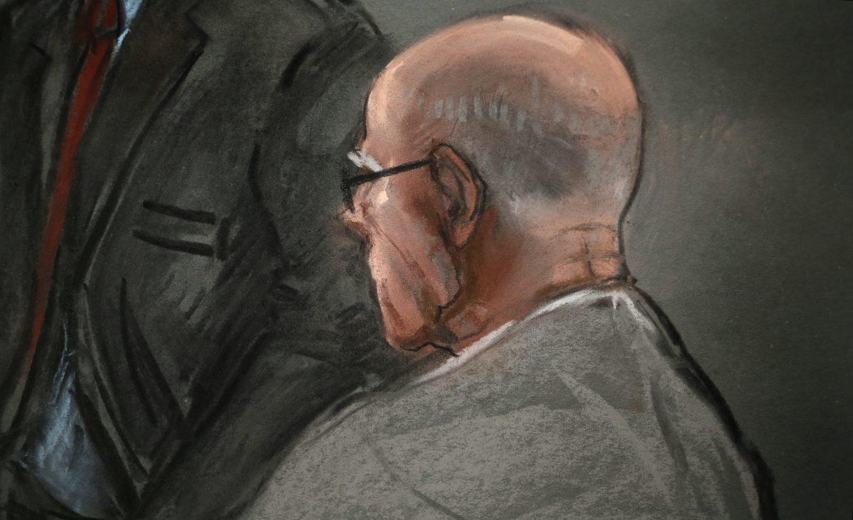 In this courtroom sketch, James "Whitey" Bulger listens to defense attorney, Hank Brennan, during closing arguments at U.S. District Court, in Boston, Monday, Aug. 5, 2013.  (AP Photo/Jane Flavell Collins)