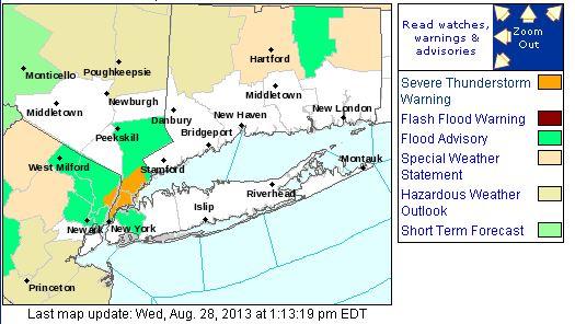 New York City: Severe Thunderstorm Warning Issued Until 2 on August 28