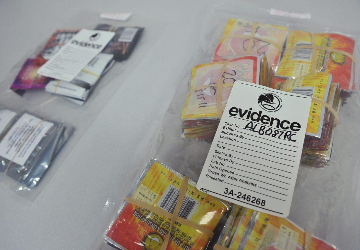 Pictured are synthetic drugs in evidence bags shown during a press conference at Drug Enforcement Administration headquarters on June 26, 2013, in Arlington, Va., on June 26, 2013. On Sept. 16, 2013, the U.S. Immigration and Customs Enforcement announced an international bust involving synthetic drugs supplied from China. (Mandel Ngan/AFP/Getty Images)