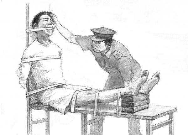 In the torture called “tiger bench” depicted in this drawing, the elevation of the legs over time causes excruciating pain. (Minghui.org)