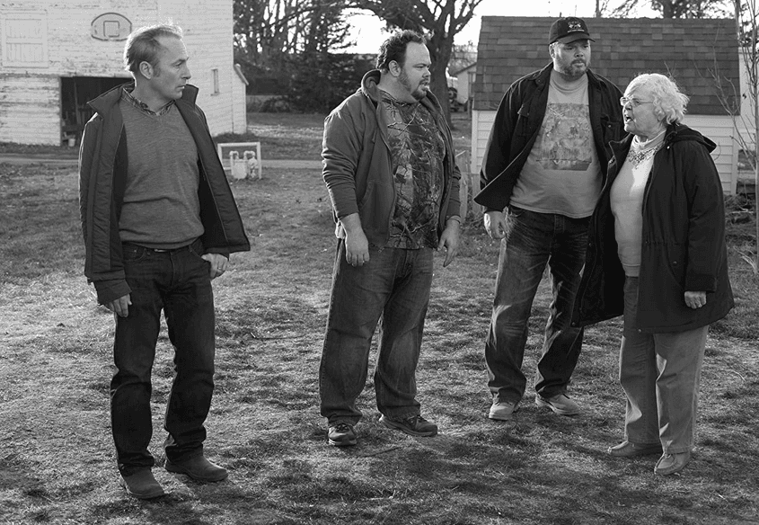 (L–R) Ross Grant (Bob Odenkirk), Cole (Devin Ratray), Bart (Tim Driscoll), and Kate (June Squibb). Kate gives all the men a piece of her mind, in "Nebraska." (Paramount Vantage)