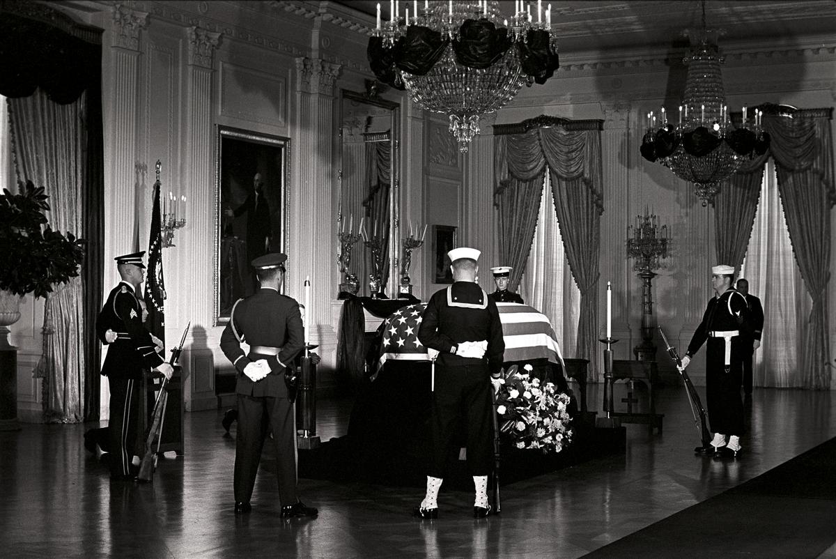 President Kennedy’s body lies in state in the East Room of the White House with the honor guard, Nov. 23, 1963. (Robert Knudsen. White House Photographs. John F. Kennedy Presidential Library and Museum, Boston)