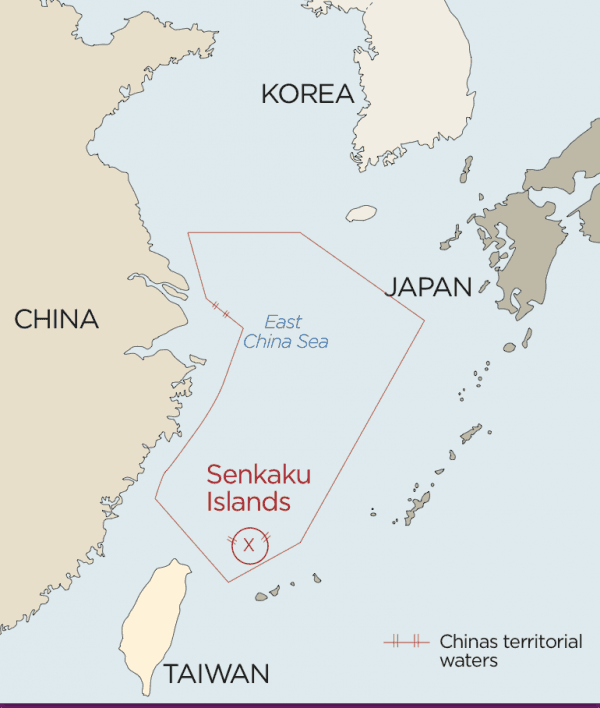 A map based on a Chinese Ministry of Defense map marks the East China<br/>Sea Air Defense Identification Zone. The area includes the disputed Senkaku<br/>Islands, marking them as being located within its territorial waters. (Diana Hubert/Epoch Times)