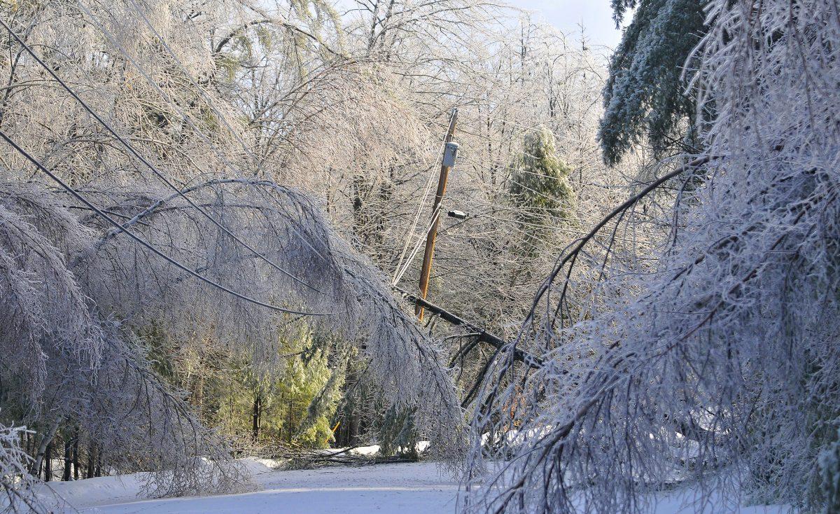 Maine voters will see ballot measures that would allow the creation of a state-backed electric utility and to borrow up to $1 billion to upgrade transmission lines, such as those downed here in Belgrade, Maine, in December 2013. (AP/The Central Maine Morning Sentinel, Michael G. Seamans)