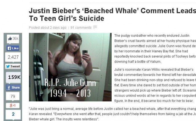 Justin Bieber ‘Beached Whale’ Comment Leading to Suicide of Teen Julie Gunn Just a Hoax