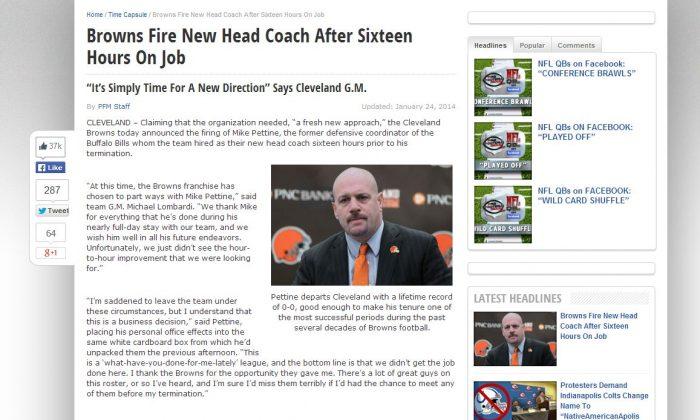 ‘Browns Fire New Head Coach After Sixteen Hours On Job’ Mike Pettine Article a Satire