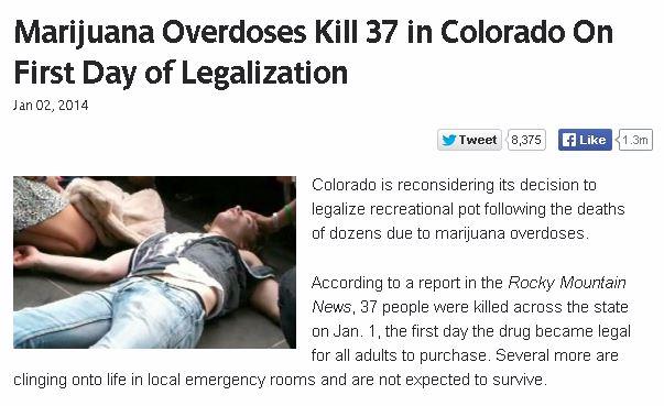 Marijuana Overdoses Kill 37 in Colorado On First Day of Legalization? Satire Article Fools Some