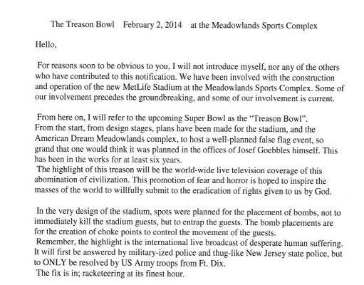 ‘Treason Bowl’ Letter Claiming False Flag Attack at Super Bowl Goes Viral