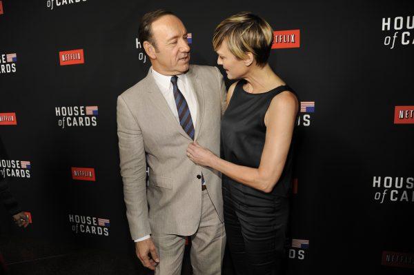 Kevin Spacey, left, and Robin Wright arrive at a special screening for season 2 of "House of Cards" in Los Angeles on Feb. 13, 2014. (Chris Pizzello/Invision/AP)