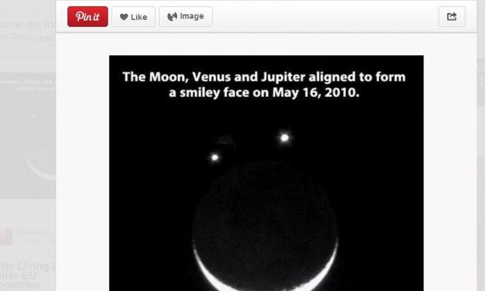Moon, Venus and Jupiter Aligned as Smiley Face in May 2010 is a Likely Hoax