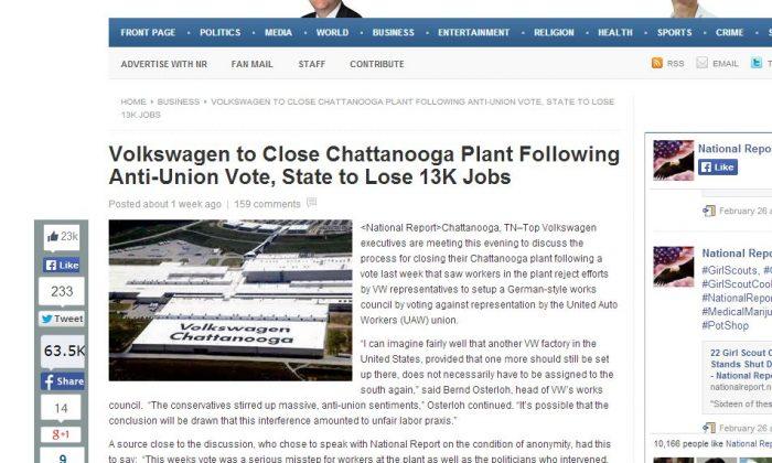 ‘Volkswagen to Close Chattanooga Plant Following Anti-Union Vote’ in Tennessee is ‘Satire’