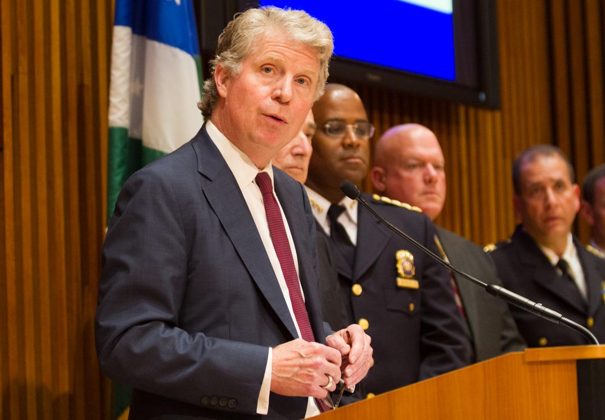 Cyrus Vance, Jr. the DA for Manhattan, announcing the largest indicted gang case in NYC history at the NYPD headquarters in Manhattan on June 4, 2014. (Benjamin Chasteen/Epoch Times)