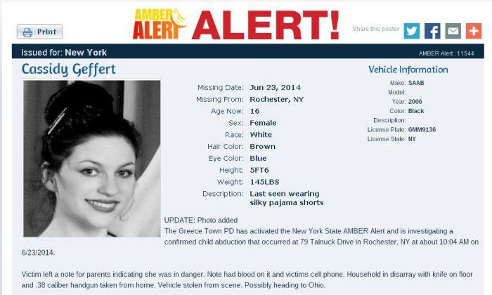 Amber Alert: Cassidy Geffert Arrested; Rochester NY Area 16-Year-Old Girl Found, Arrested