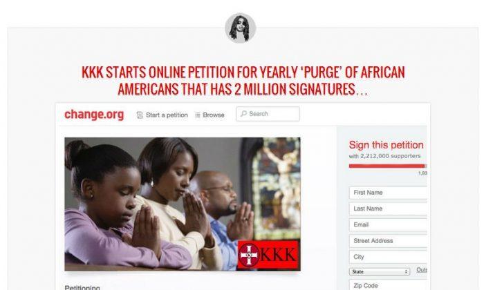 KKK Petition ‘Purge’ Hoax: Ku Klux Klan ‘Purge of African Americans’ Fake; 2 Million Signatures Change.org Petition 100% Not Real