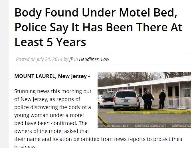Body Found Hoax: ‘Under Motel Bed, Police Say It Has Been There At Least 5 Years’ in Mount Laurel 100% Fake