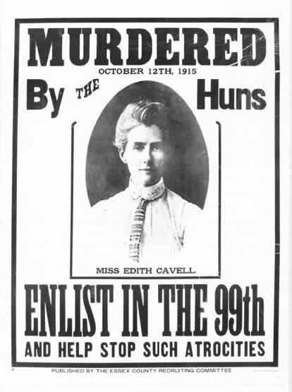 A poster of the famous nurse Edith Cavell was used to encourage men to enlist after she was executed by the Germans. (National Archives and Records Administration)