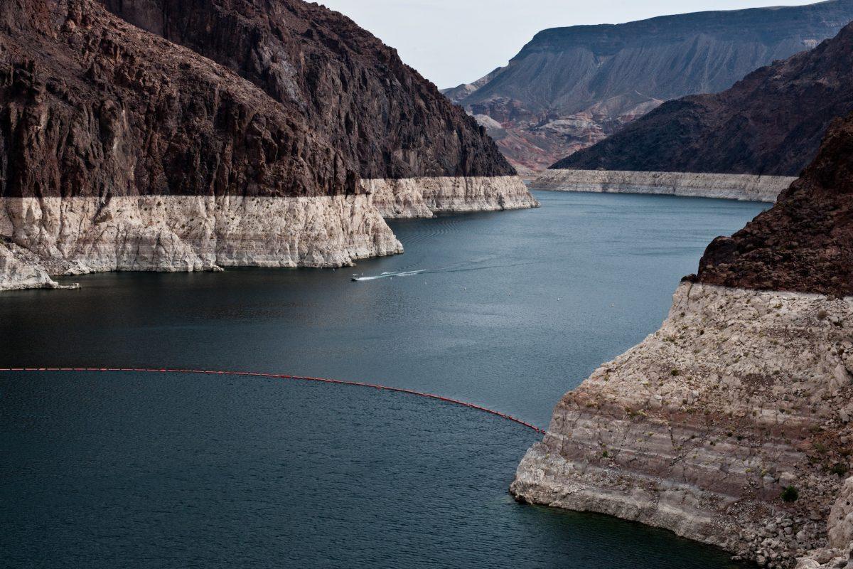 A recent photo of Lake Mead shows white rings caused by declining reservoir levels during the drought. (U.S. Bureau of Reclamation)