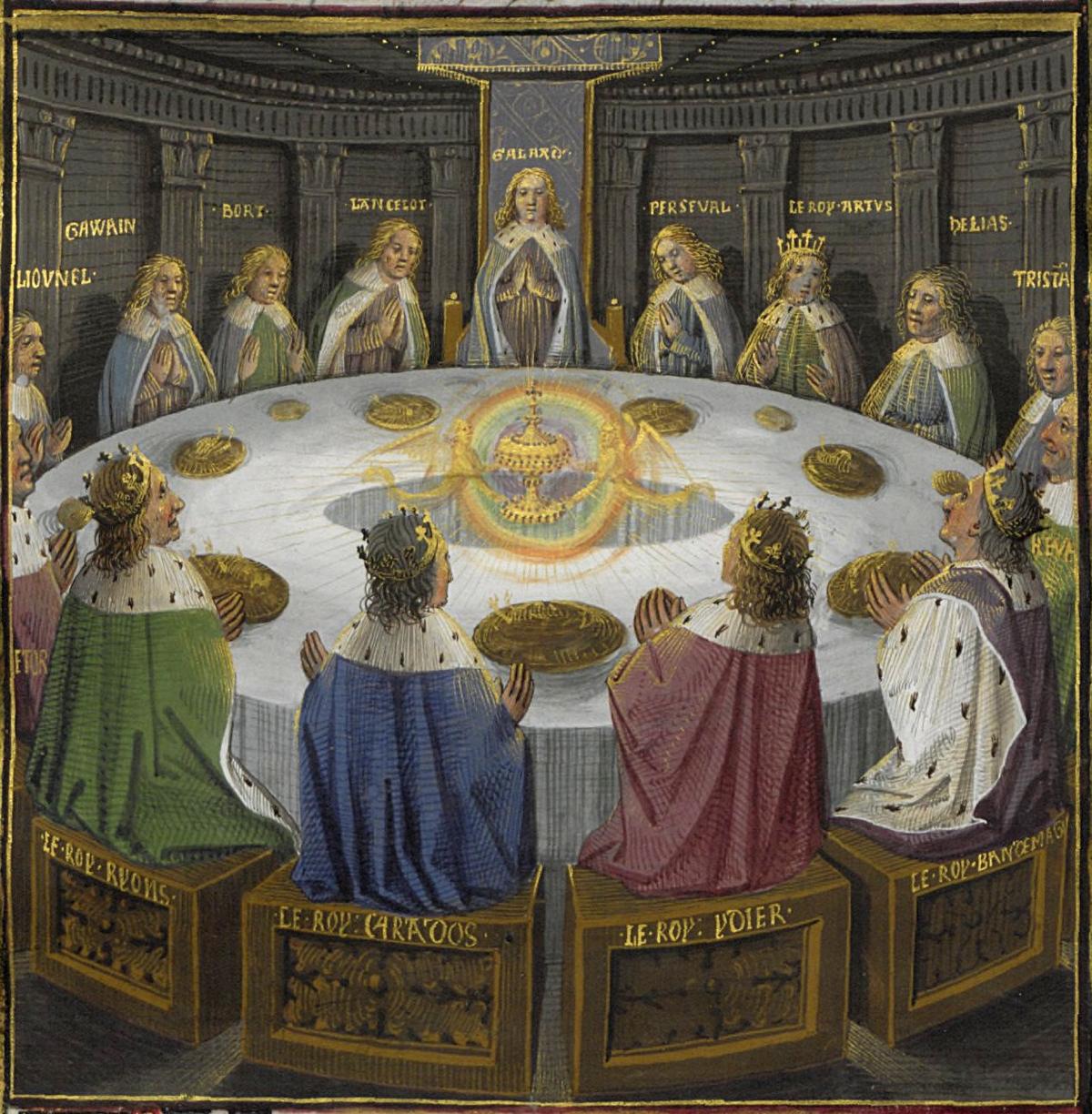 King Arthur's knights, gathered at the Round Table to celebrate the Pentecost, see a vision of the Holy Grail. This scene is depicted in a 15th-century manuscript of “Lancelot and the Holy Grail.” (Wikimedia Commons)