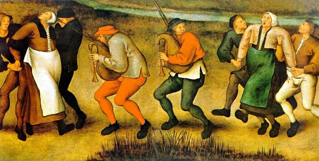 A depiction of dancing mania, which occurred on a pilgrimage to the church at Molenbeek, Belgium, by Pieter Brueghel the Younger (1564–1638). (<a href="https://commons.wikimedia.org/wiki/File:Dance_at_Molenbeek.jpg">Wikimedia Commons</a>)