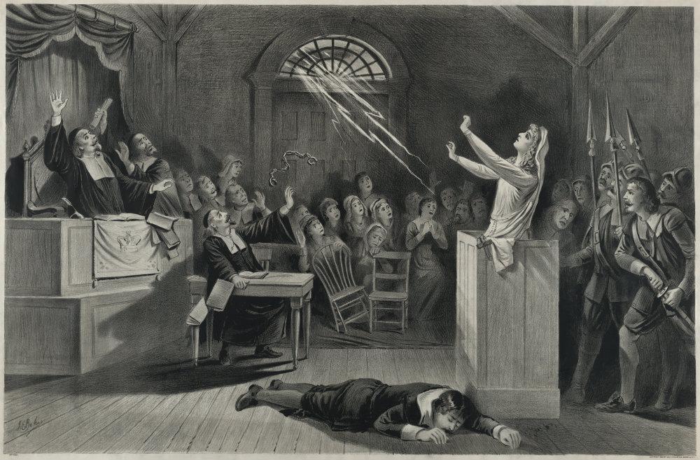 Representation of the Salem witch trials. Lithograph from 1892 by Joseph E. Baker. (<strong>Wikimedia Commons</strong>)