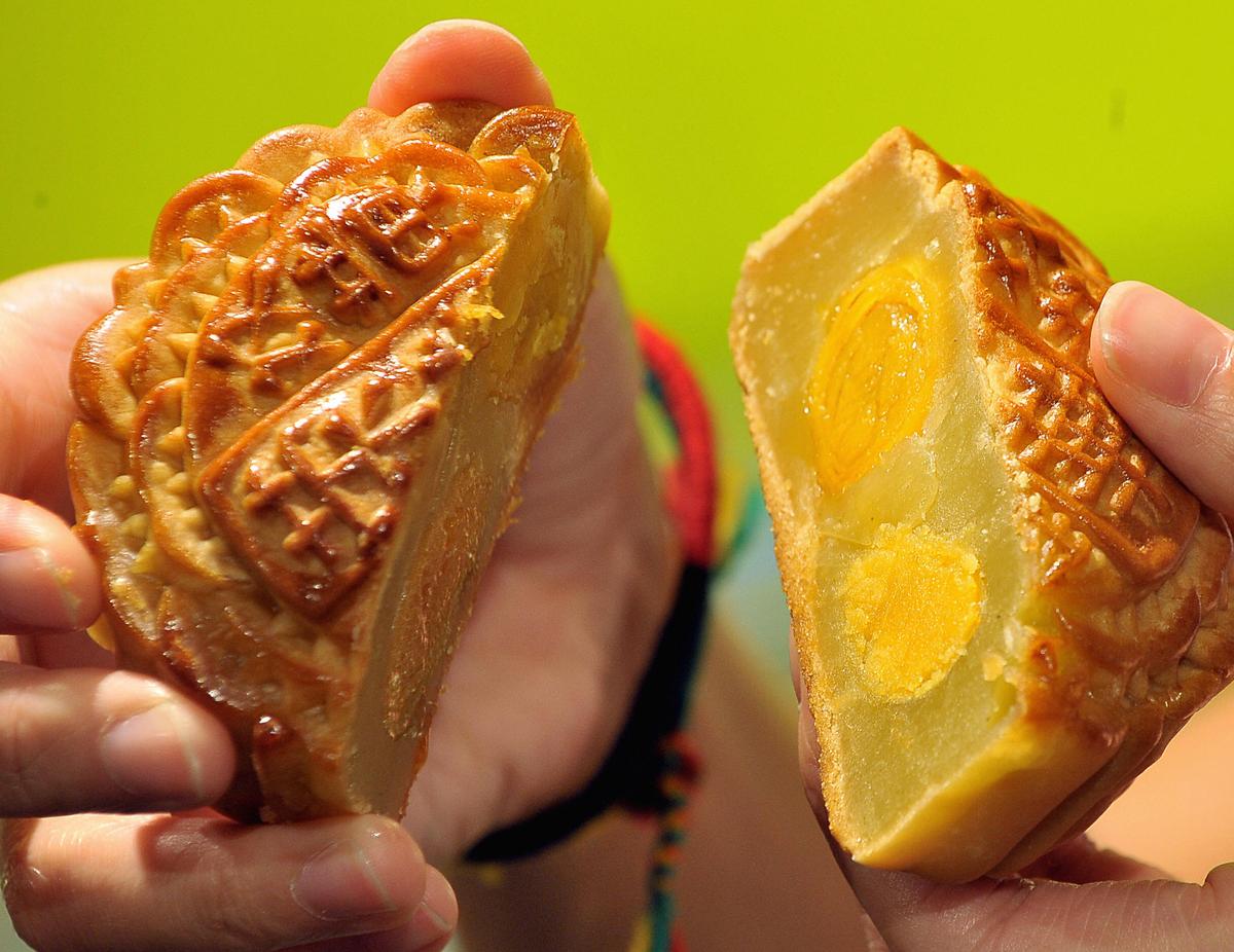 A traditional Chinese mooncake on sale in Hong Kong in 2008. (Mike Clarke/AFP/Getty Images)